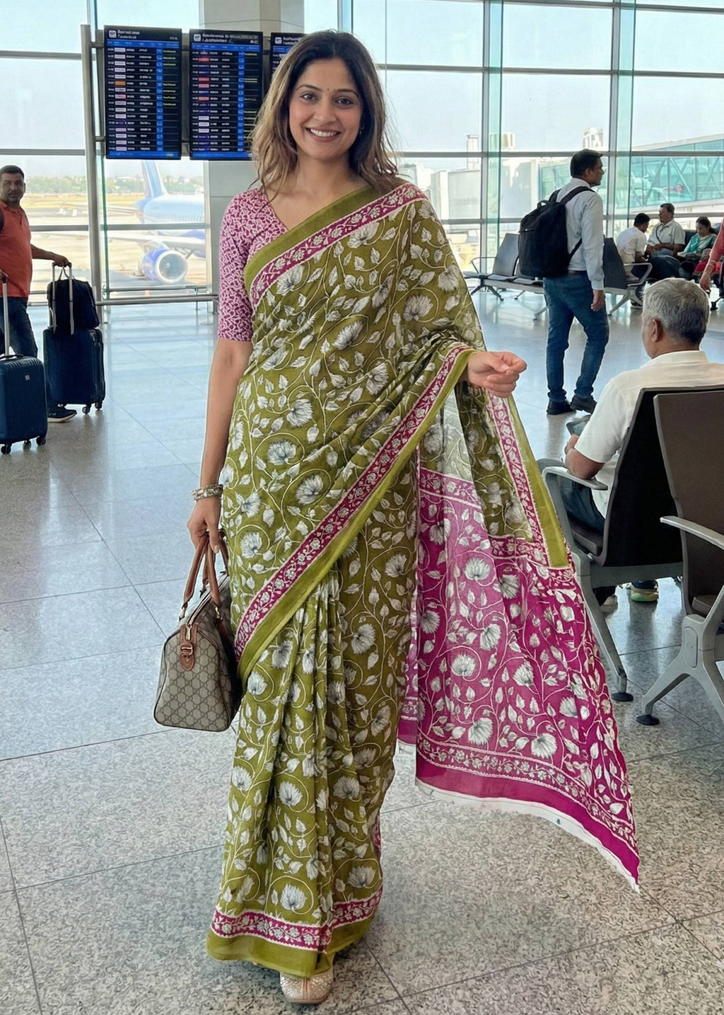 PURE MULMUL COTTON FLORAL HAND BLOCK STYLE PRINT OLIVE SAREE WITH BLOUSE