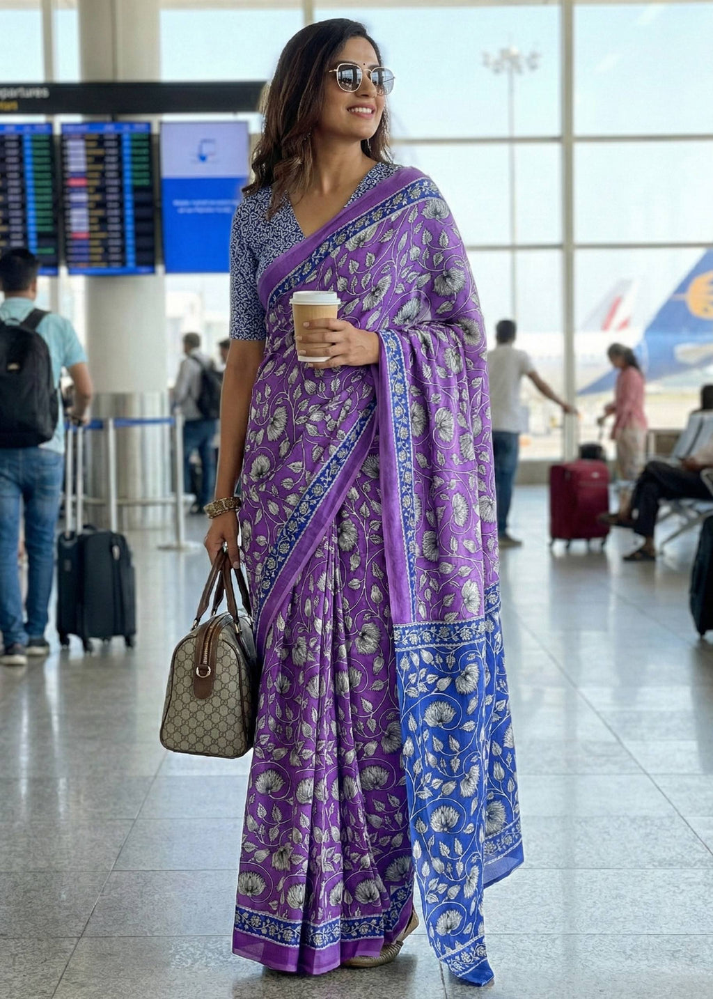 PURE MULMUL COTTON FLORAL HAND BLOCK STYLE PRINT PURPLE SAREE WITH BLOUSE