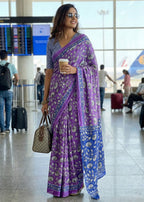 PURE MULMUL COTTON FLORAL HAND BLOCK STYLE PRINT PURPLE SAREE WITH BLOUSE