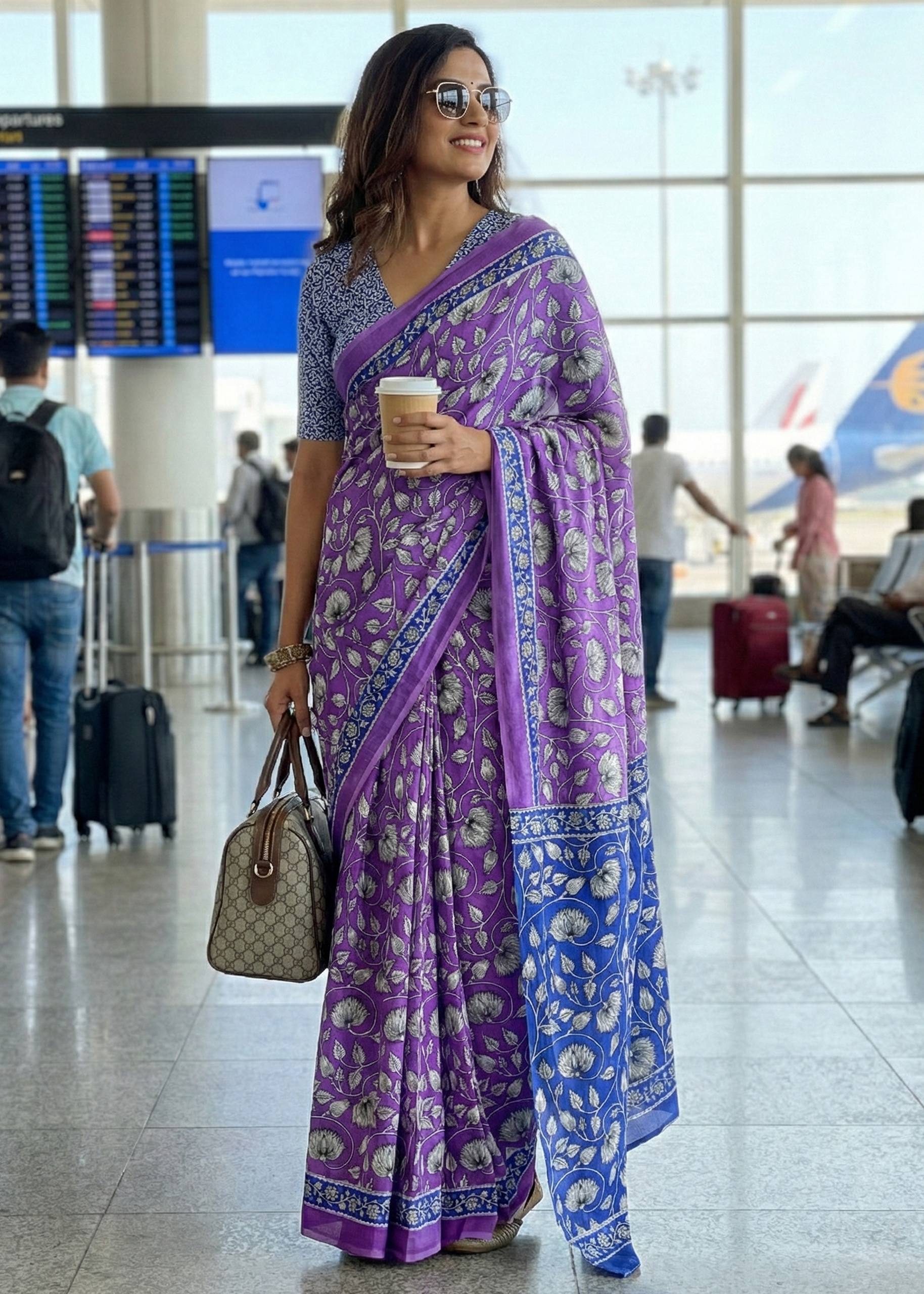 PURE MULMUL COTTON FLORAL HAND BLOCK STYLE PRINT PURPLE SAREE WITH BLOUSE