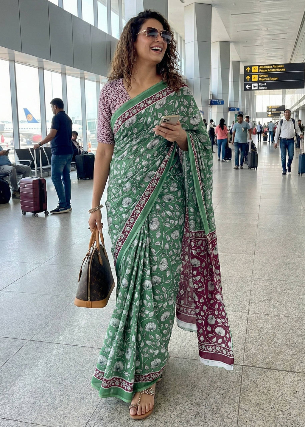 PURE MULMUL COTTON FLORAL HAND BLOCK STYLE PRINT GREEN SAREE WITH BLOUSE