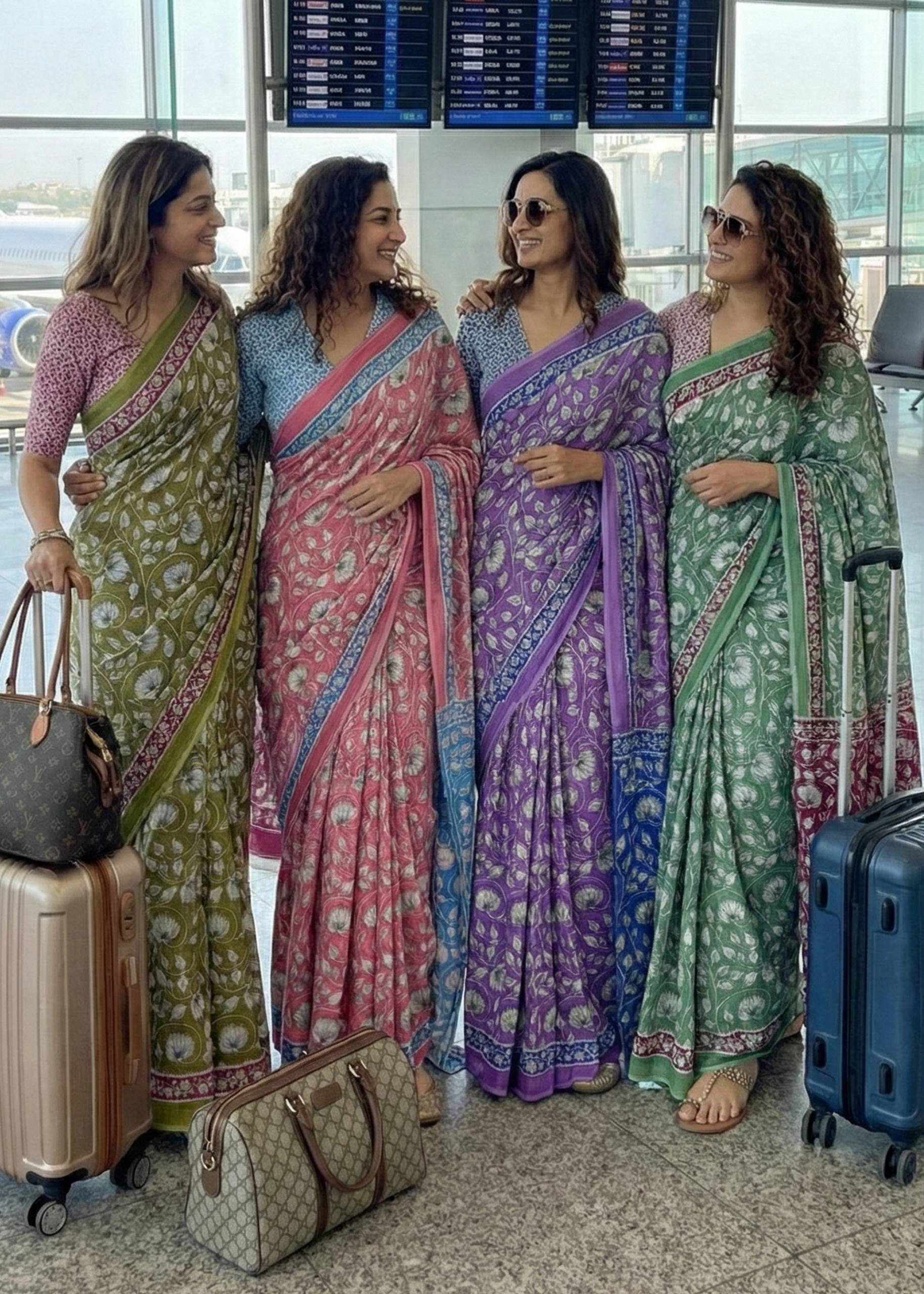 PURE MULMUL COTTON FLORAL HAND BLOCK STYLE PRINT PINK SAREE WITH BLOUSE