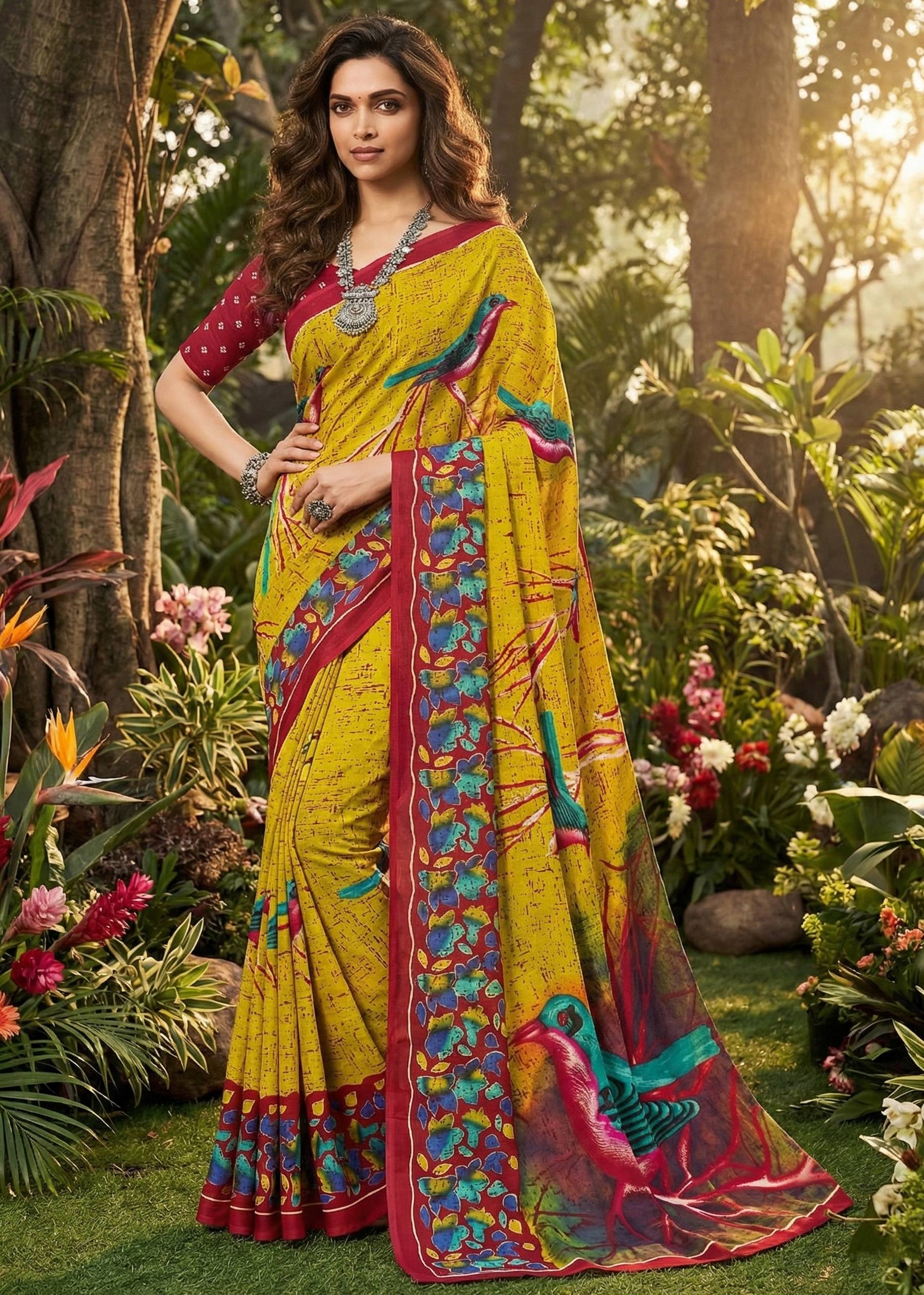 PURE MULMUL COTTON HERIAGE STYLE HAND PRINT YELLOW RED SAREE WITH BLOUSE