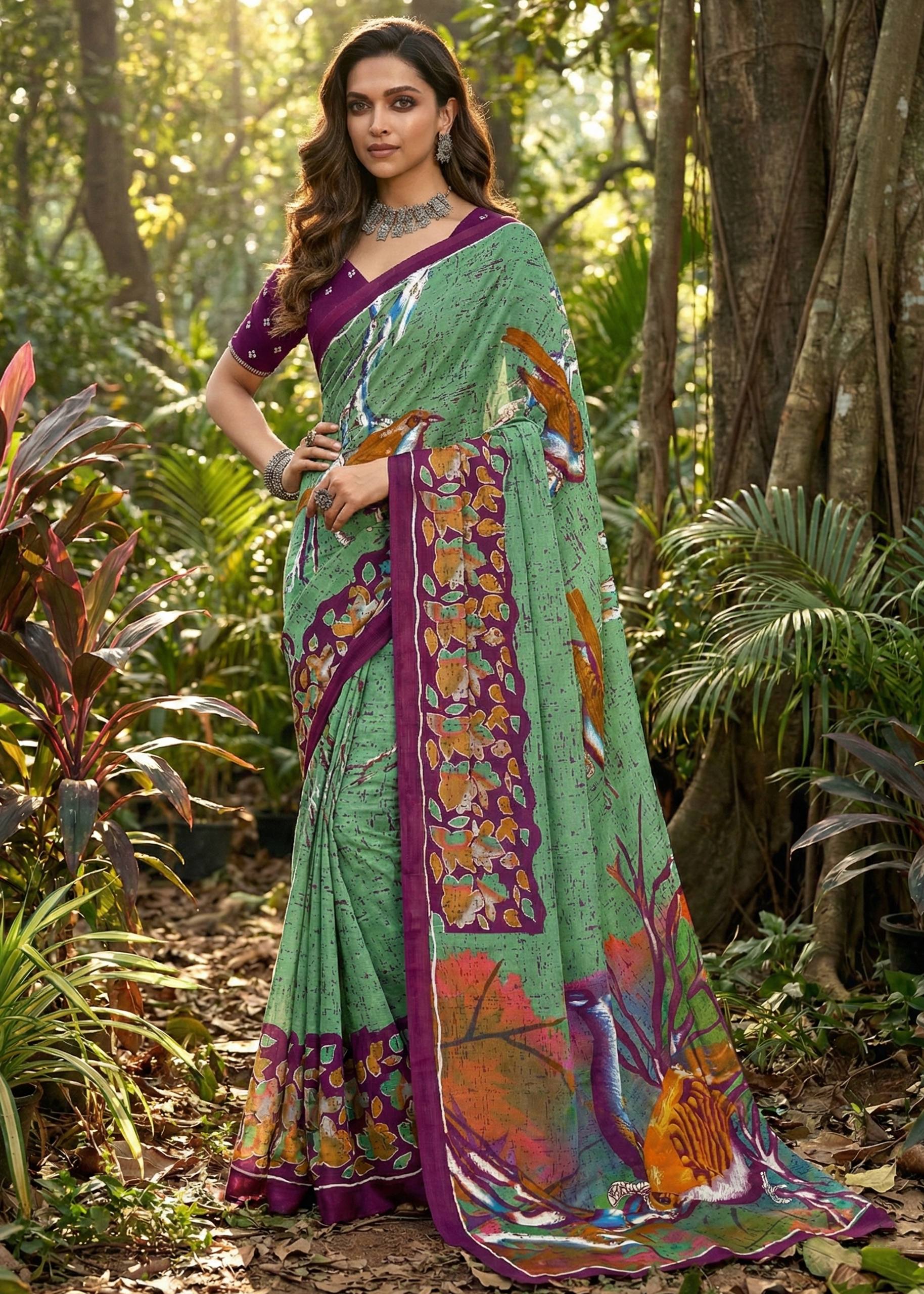 PURE MULMUL COTTON HERIAGE STYLE HAND PRINT GREEN SAREE WITH BLOUSE