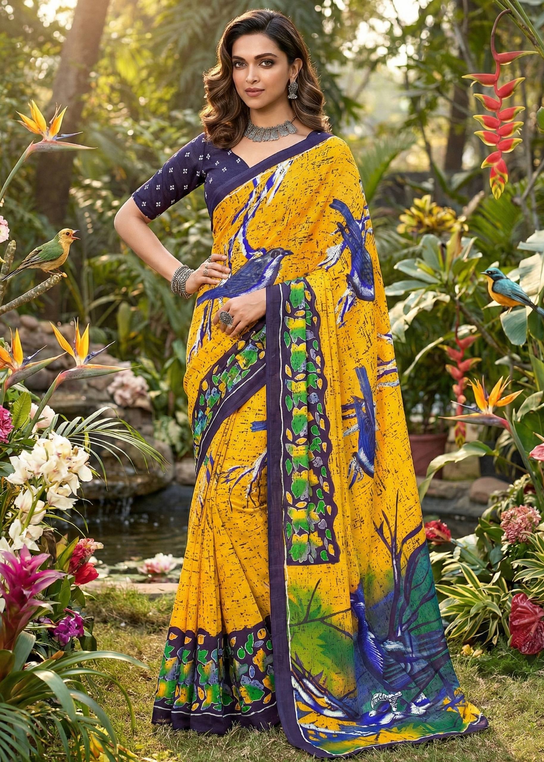 PURE MULMUL COTTON HERIAGE STYLE HAND PRINT YELLOW AND BLUE SAREE WITH BLOUSE