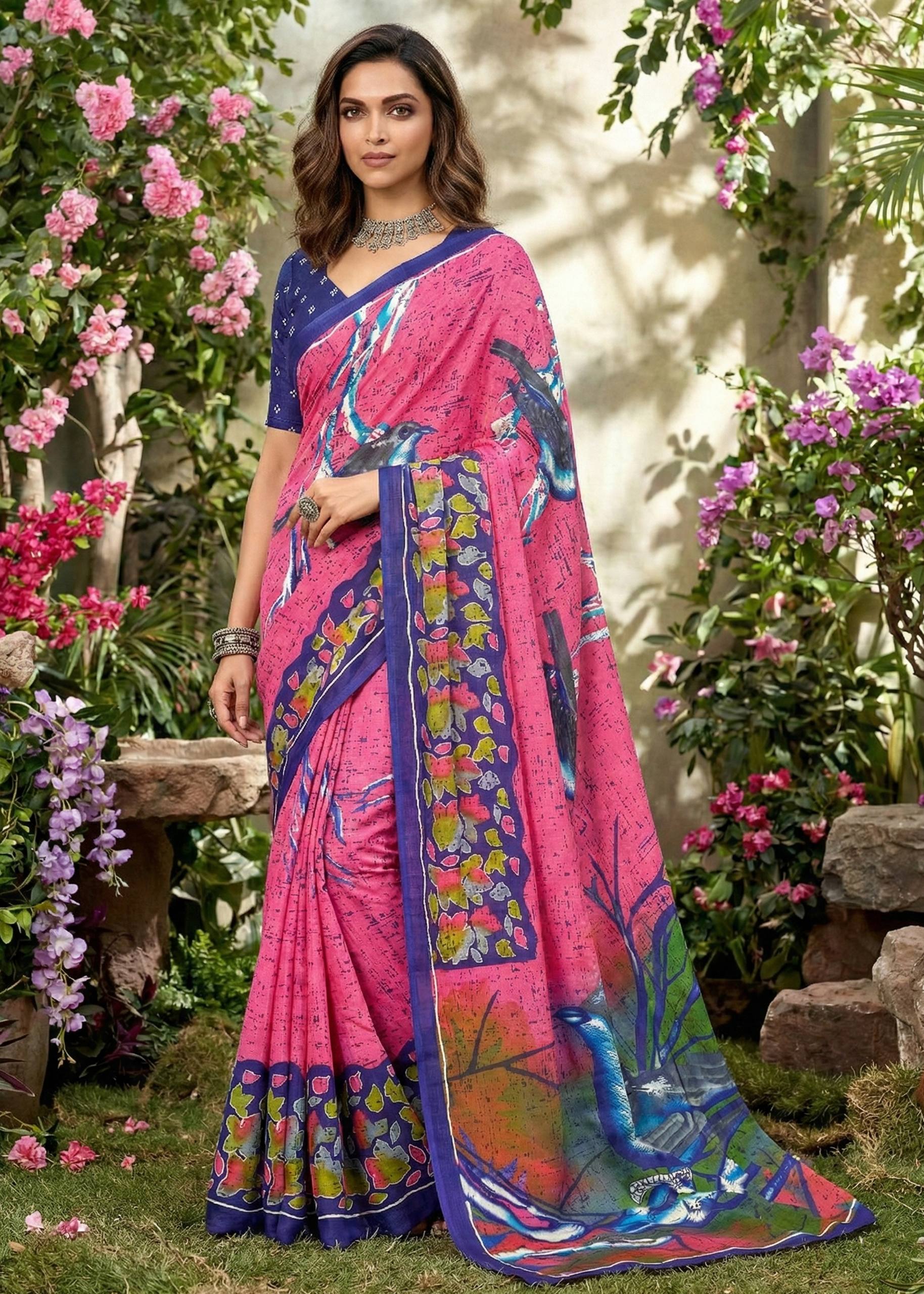 PURE MULMUL COTTON HERIAGE STYLE HAND PRINT PINK SAREE WITH BLOUSE