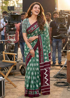 PURE SOFT COTTON IKKAT PRINT GREEN SAREE WITH BLOUSE