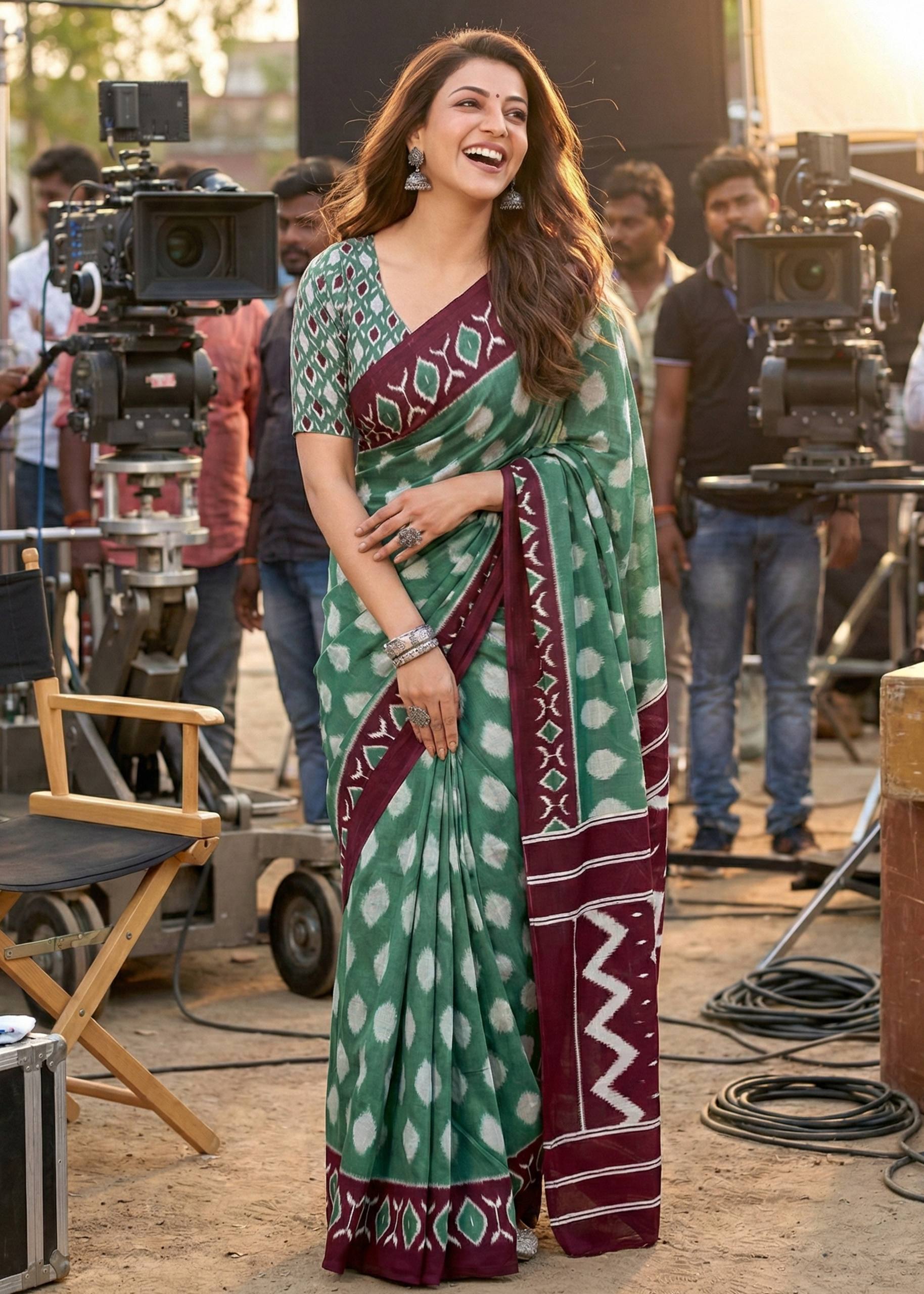 PURE SOFT COTTON IKKAT PRINT GREEN SAREE WITH BLOUSE