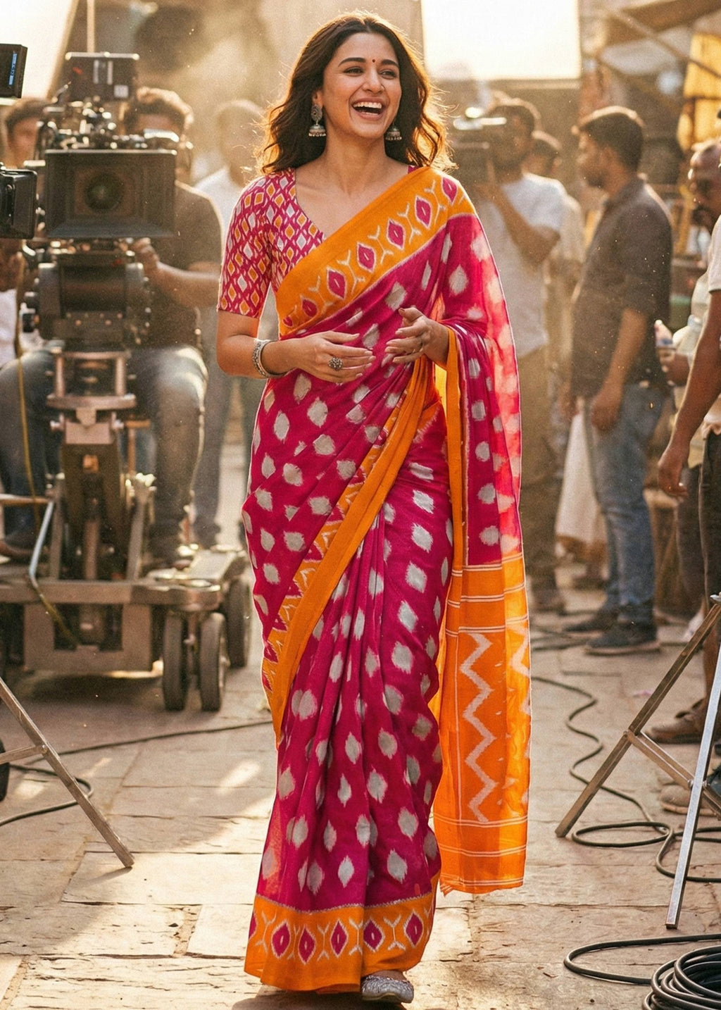 PURE SOFT COTTON IKKAT PRINT GREEN PINK SAREE WITH BLOUSE