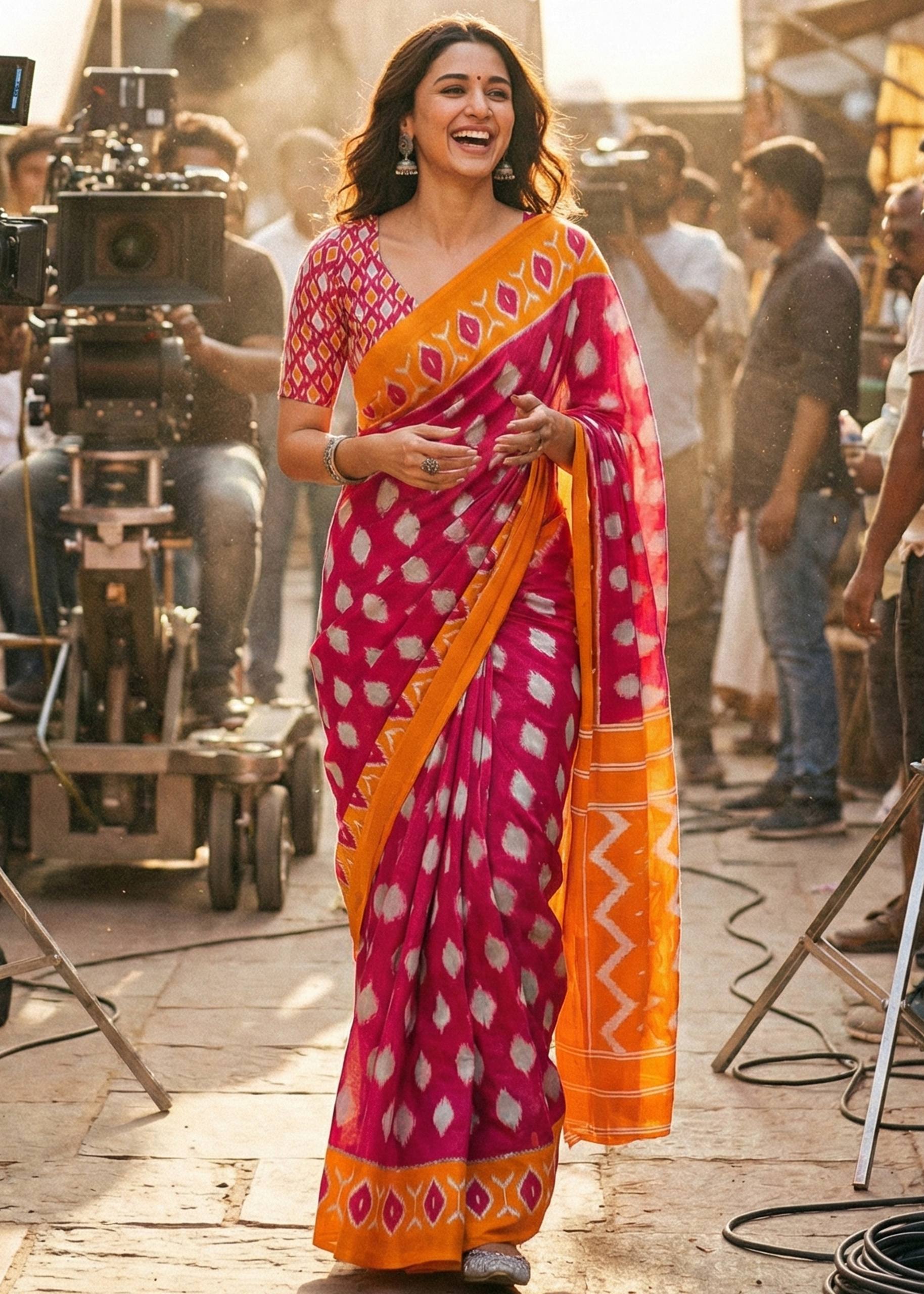 PURE SOFT COTTON IKKAT PRINT GREEN PINK SAREE WITH BLOUSE