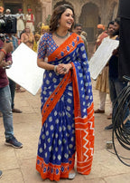 PURE SOFT COTTON IKKAT PRINT GREEN BLUE SAREE WITH BLOUSE