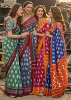 PURE SOFT COTTON IKKAT PRINT GREEN GREY SAREE WITH BLOUSE