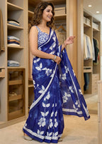 PURE SOFT COTTON HAND BAGRU PRINT BLUE SAREE WITH BLOUSE