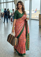 PURE SOFT COTTON IKKAT PRINT PEACH SAREE WITH BLOUSE