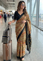 PURE SOFT COTTON IKKAT PRINT BEIGE SAREE WITH BLOUSE