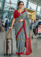 PURE SOFT COTTON IKKAT PRINT GREY SAREE WITH BLOUSE