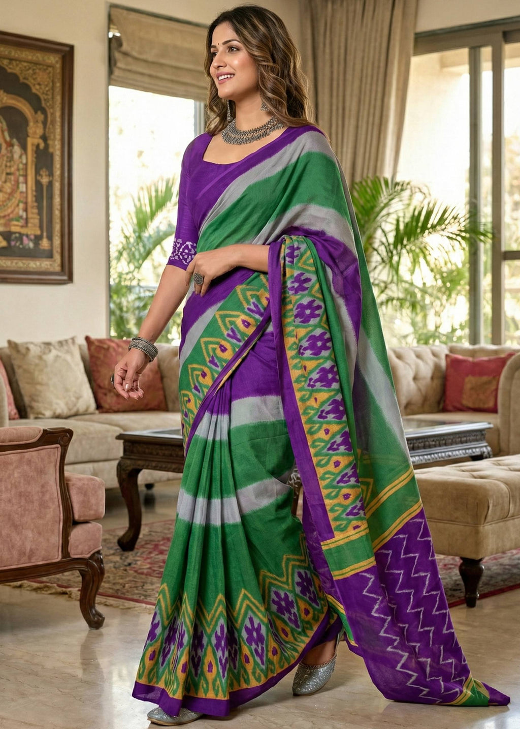 PURE SOFT COTTON IKKAT PRINT GREEN SAREE WITH BLOUSE