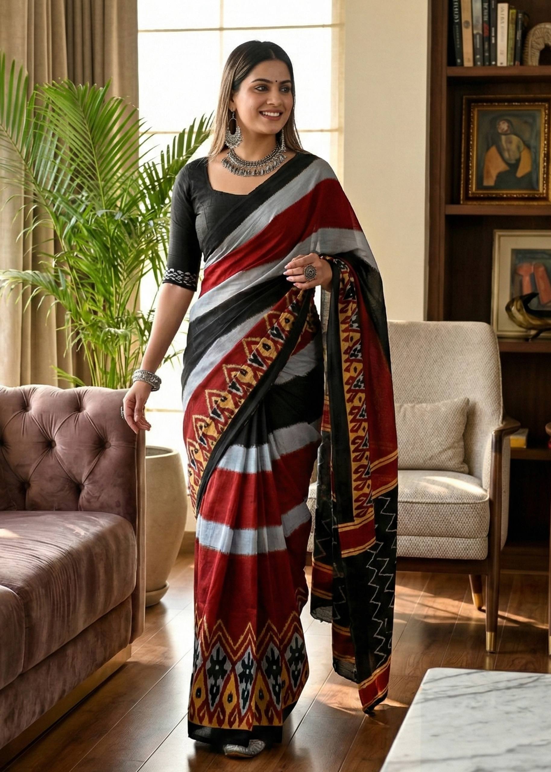 PURE SOFT COTTON IKKAT PRINT BLACK SAREE WITH BLOUSE