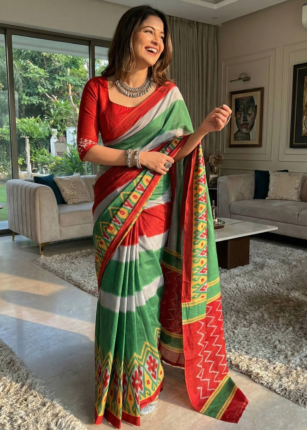 PURE SOFT COTTON IKKAT PRINT RED SAREE WITH BLOUSE