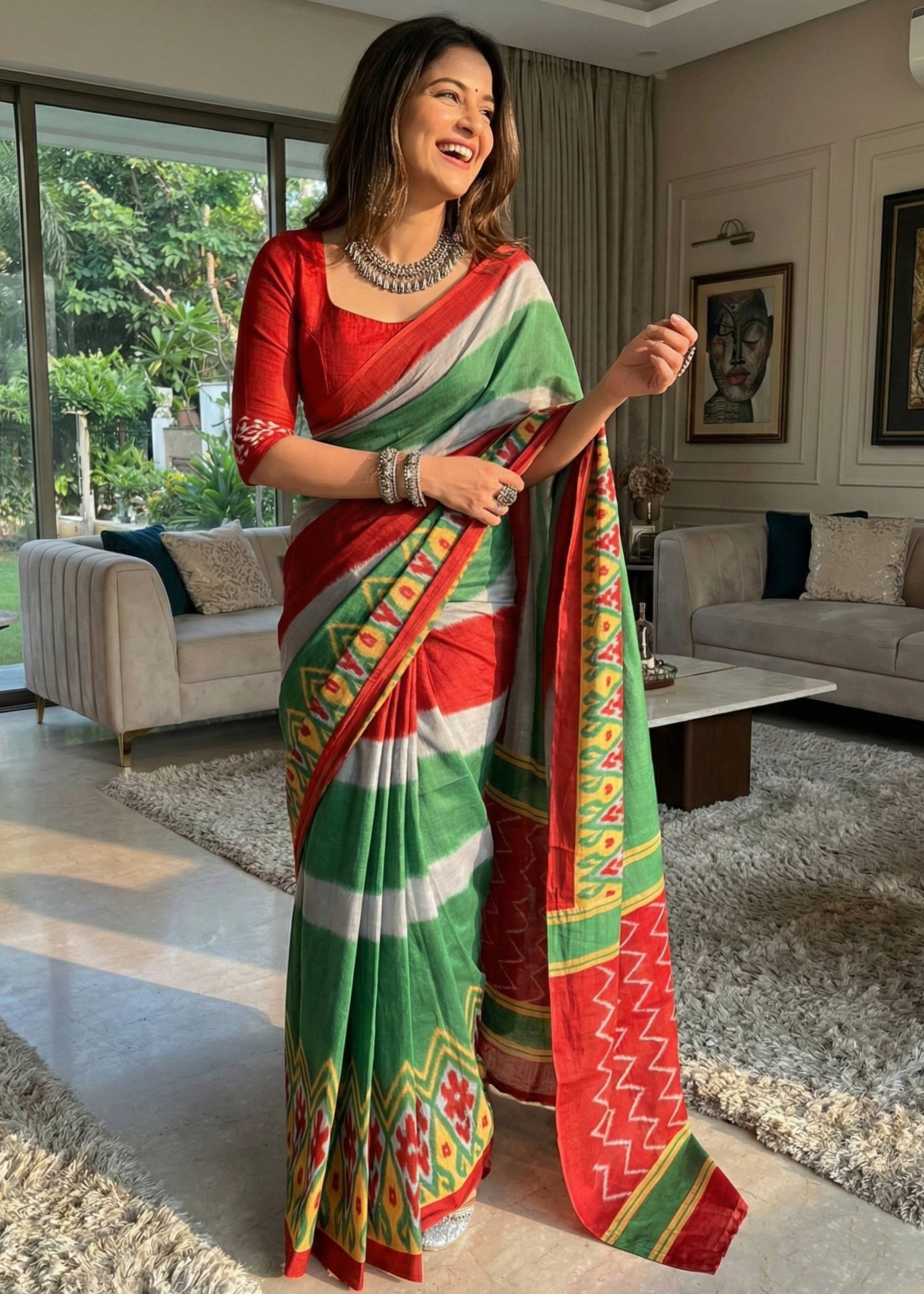 PURE SOFT COTTON IKKAT PRINT RED SAREE WITH BLOUSE