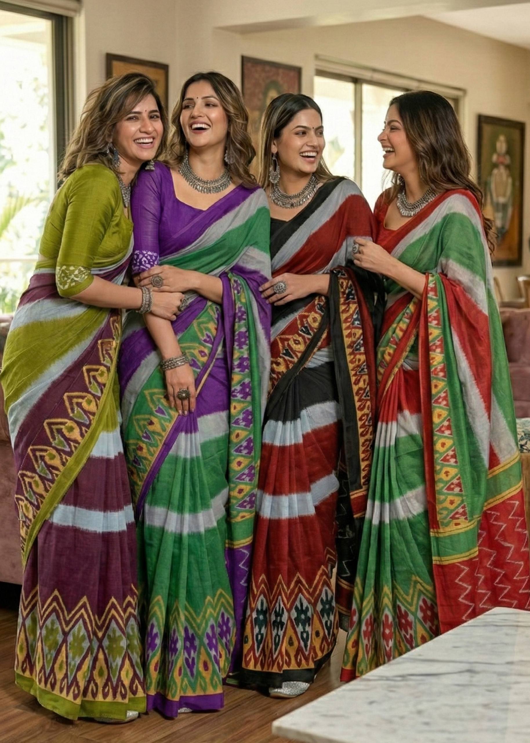 PURE SOFT COTTON IKKAT PRINT GREEN SAREE WITH BLOUSE