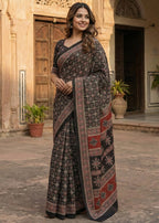 PURE MULMUL COTTON AJRAKH HAND BLOCK PRINT BLACK SAREE WITH BLOUSE