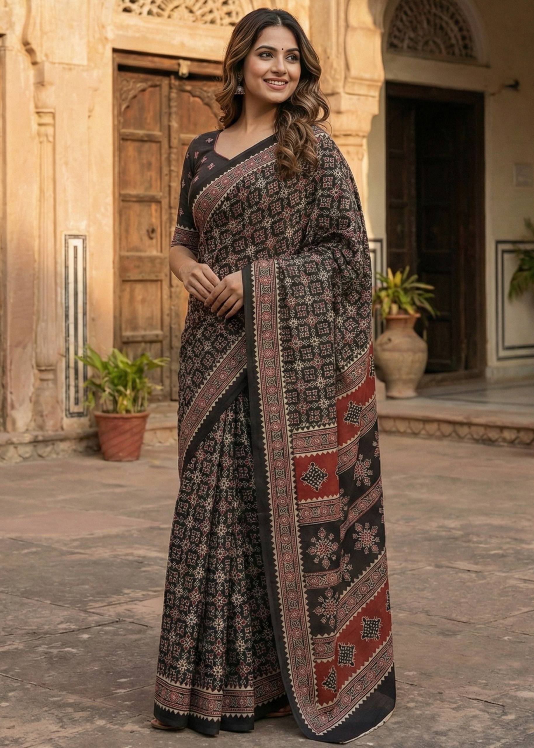 PURE MULMUL COTTON AJRAKH HAND BLOCK PRINT BLACK SAREE WITH BLOUSE
