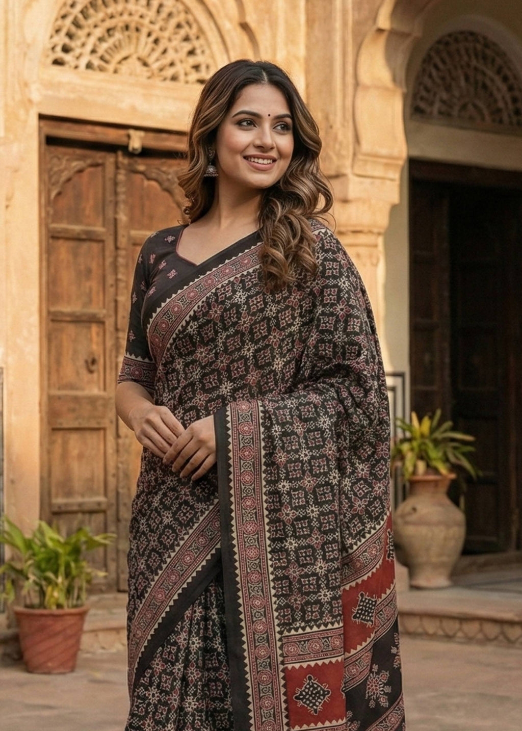 PURE MULMUL COTTON AJRAKH HAND BLOCK PRINT BLACK SAREE WITH BLOUSE