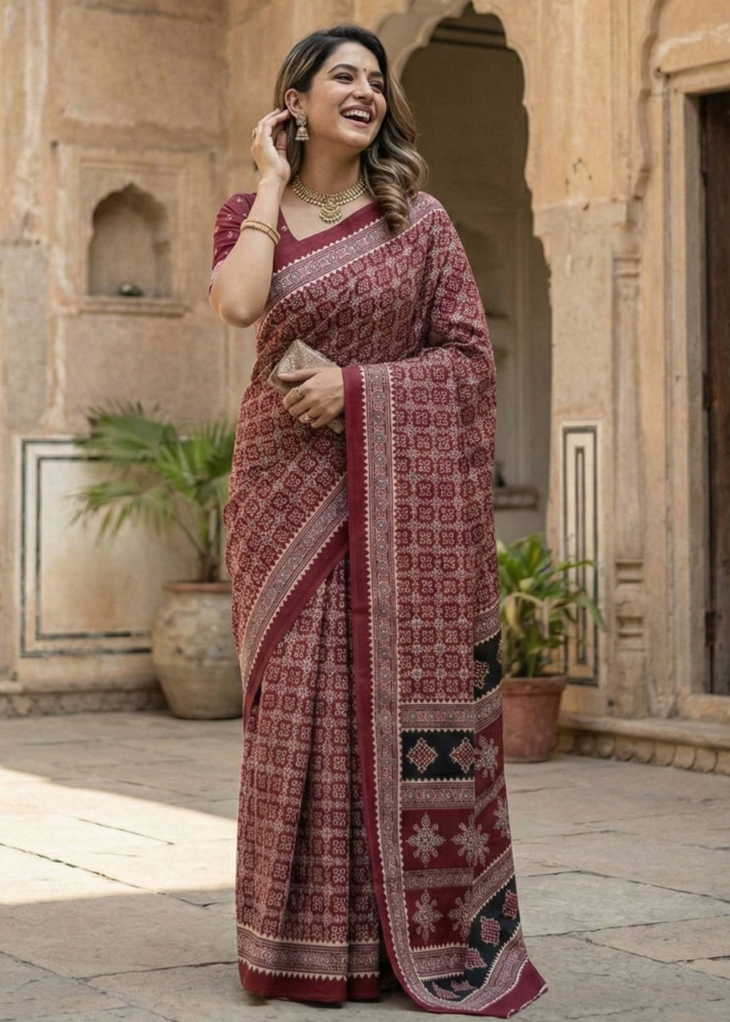 PURE MULMUL COTTON AJRAKH HAND BLOCK PRINT MAROON SAREE WITH BLOUSE