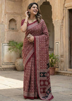 PURE MULMUL COTTON AJRAKH HAND BLOCK PRINT MAROON SAREE WITH BLOUSE