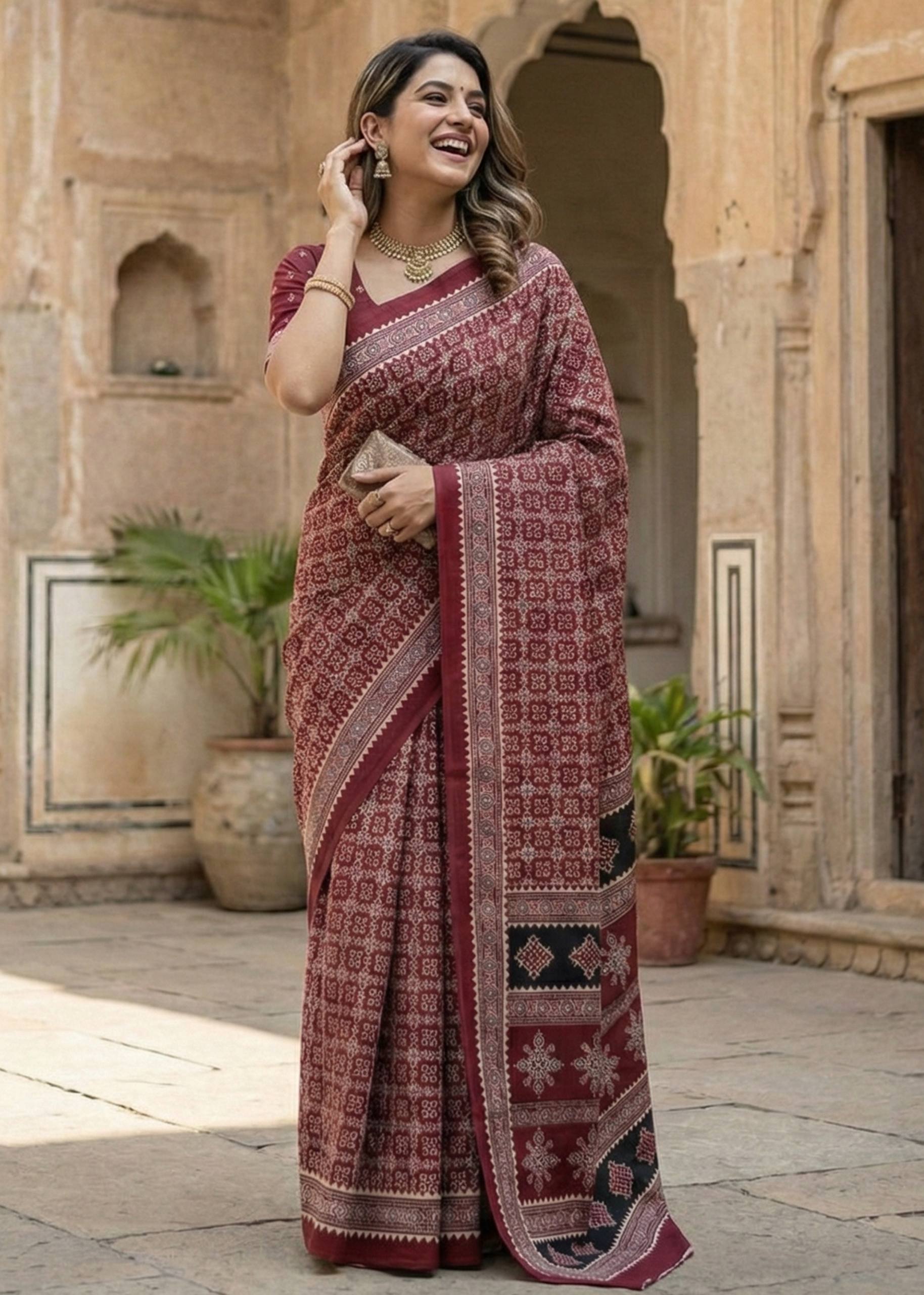 PURE MULMUL COTTON AJRAKH HAND BLOCK PRINT MAROON SAREE WITH BLOUSE