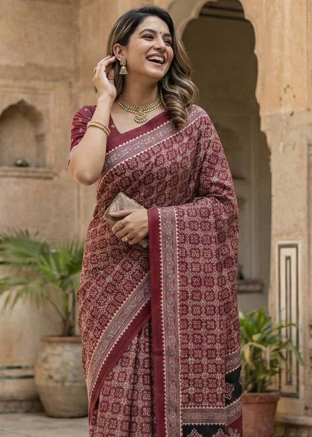 PURE MULMUL COTTON AJRAKH HAND BLOCK PRINT MAROON SAREE WITH BLOUSE