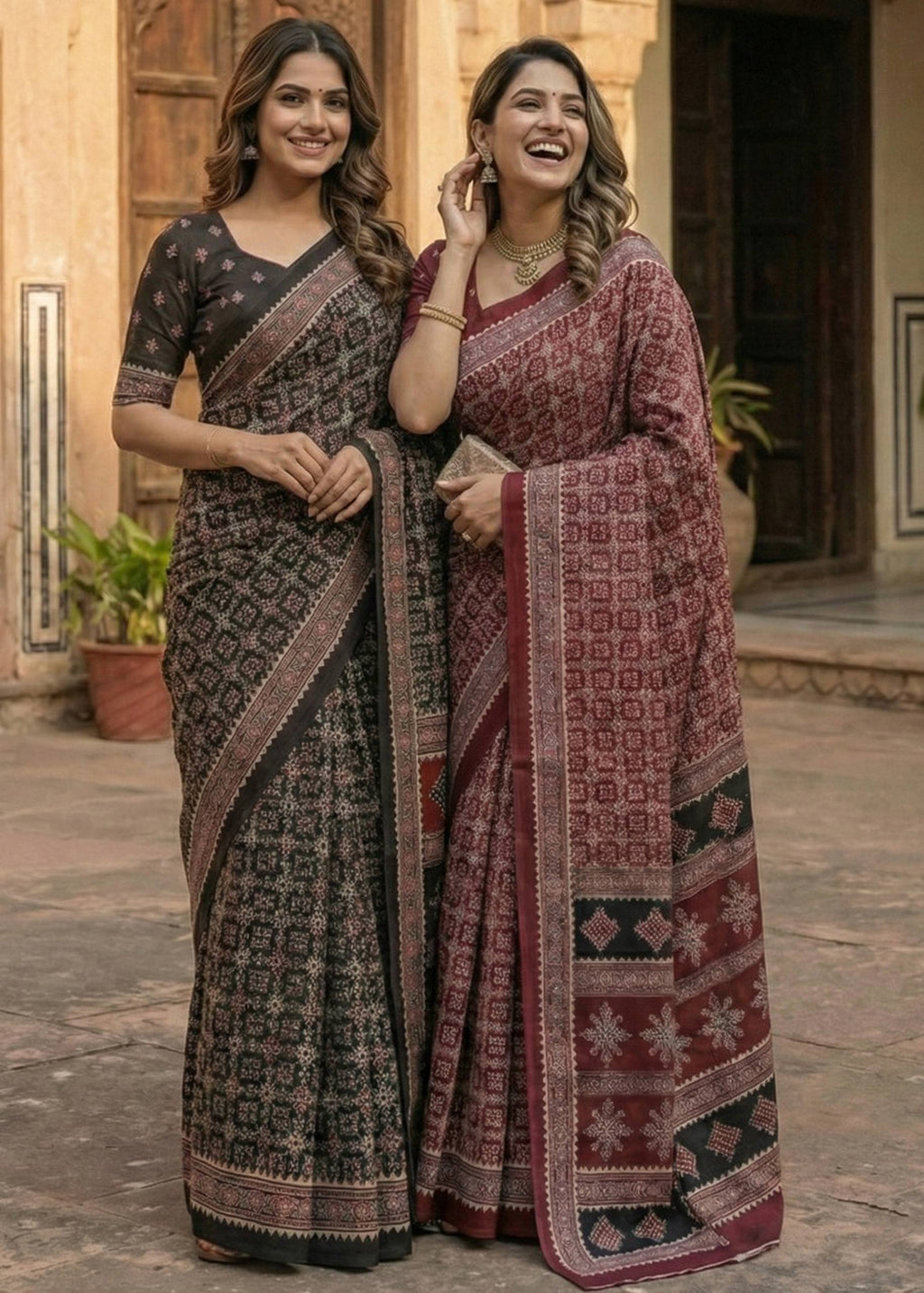 PURE MULMUL COTTON AJRAKH HAND BLOCK PRINT BLACK SAREE WITH BLOUSE