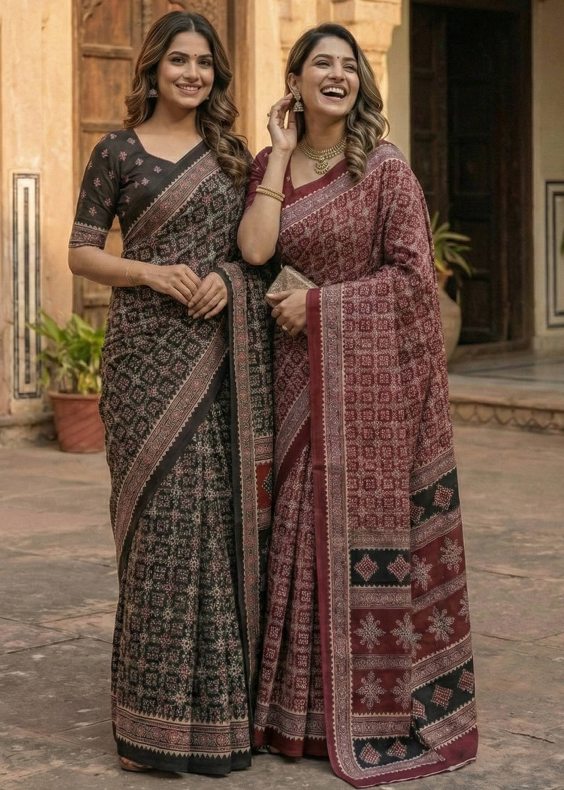 PURE MULMUL COTTON AJRAKH HAND BLOCK PRINT BLACK SAREE WITH BLOUSE