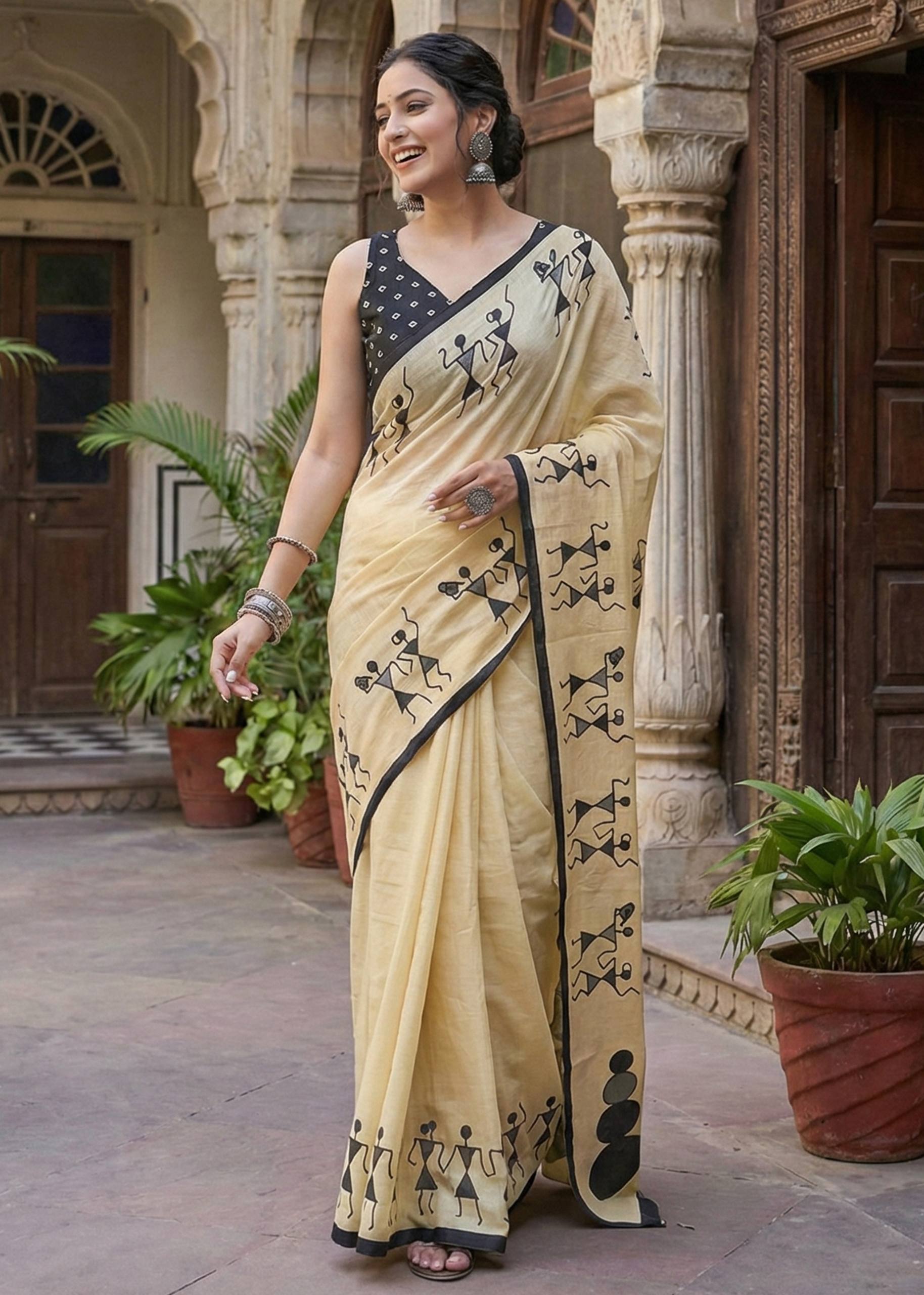 PURE SOFT COTTON HAND BAGRU PRINT BEIGE SAREE WITH BLOUSE