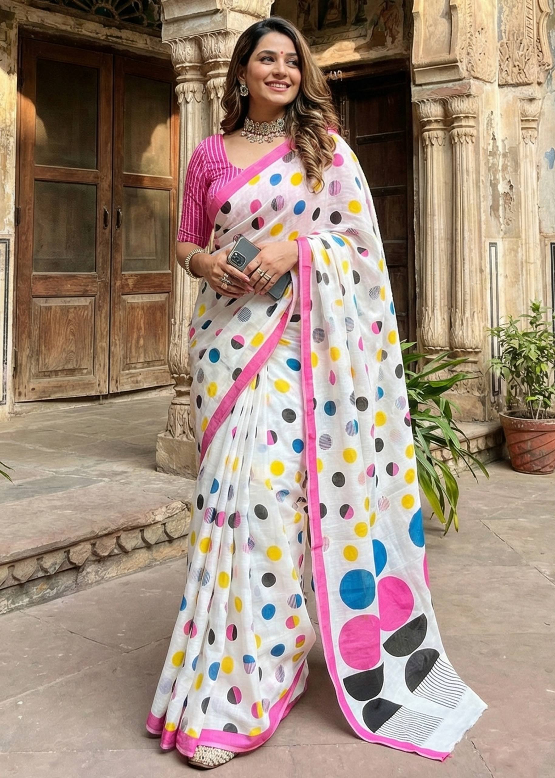PURE SOFT COTTON HAND BAGRU PRINT WHITE SAREE WITH BLOUSE