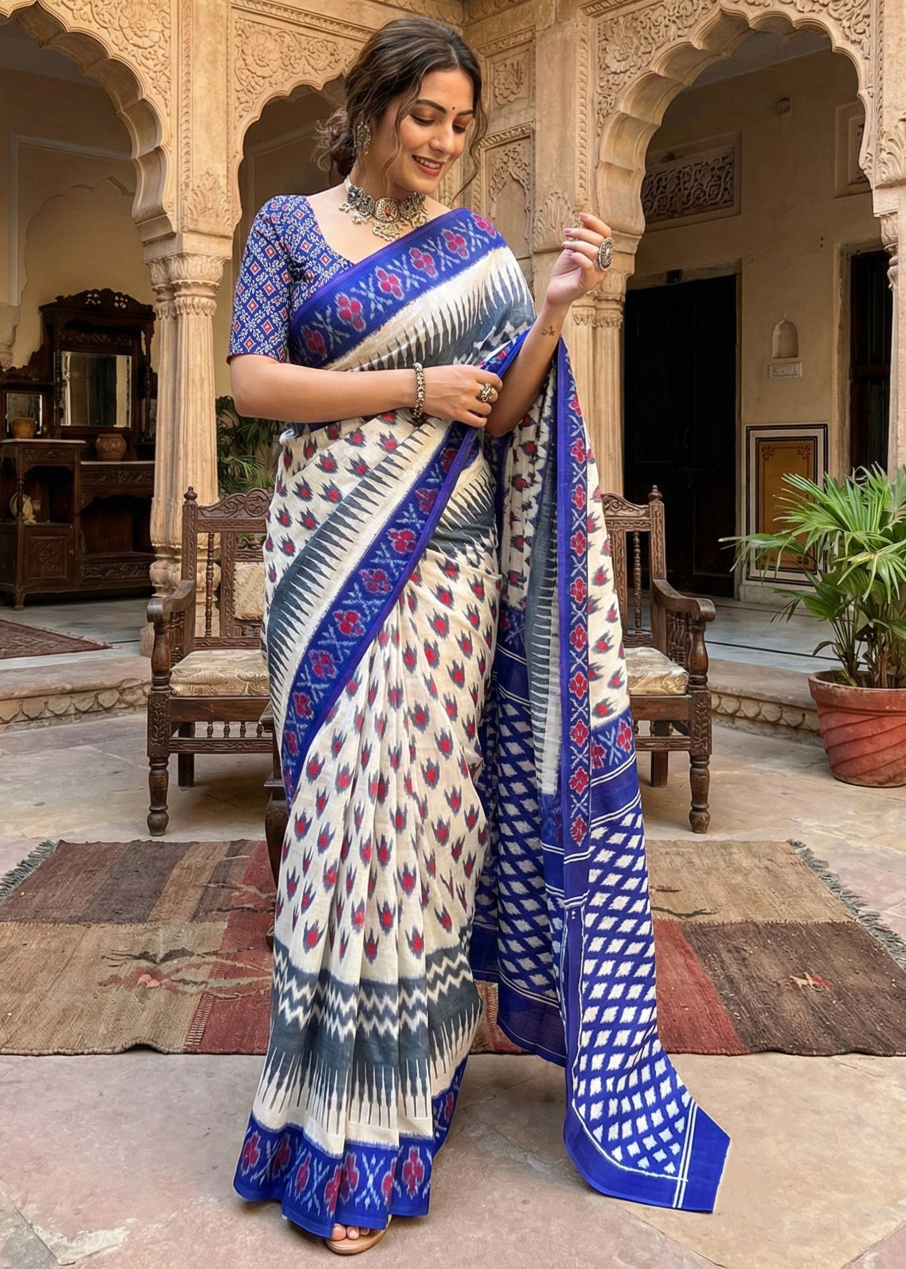PURE SOFT COTTON HAND BAGRU PRINT BLUE SAREE WITH BLOUSE