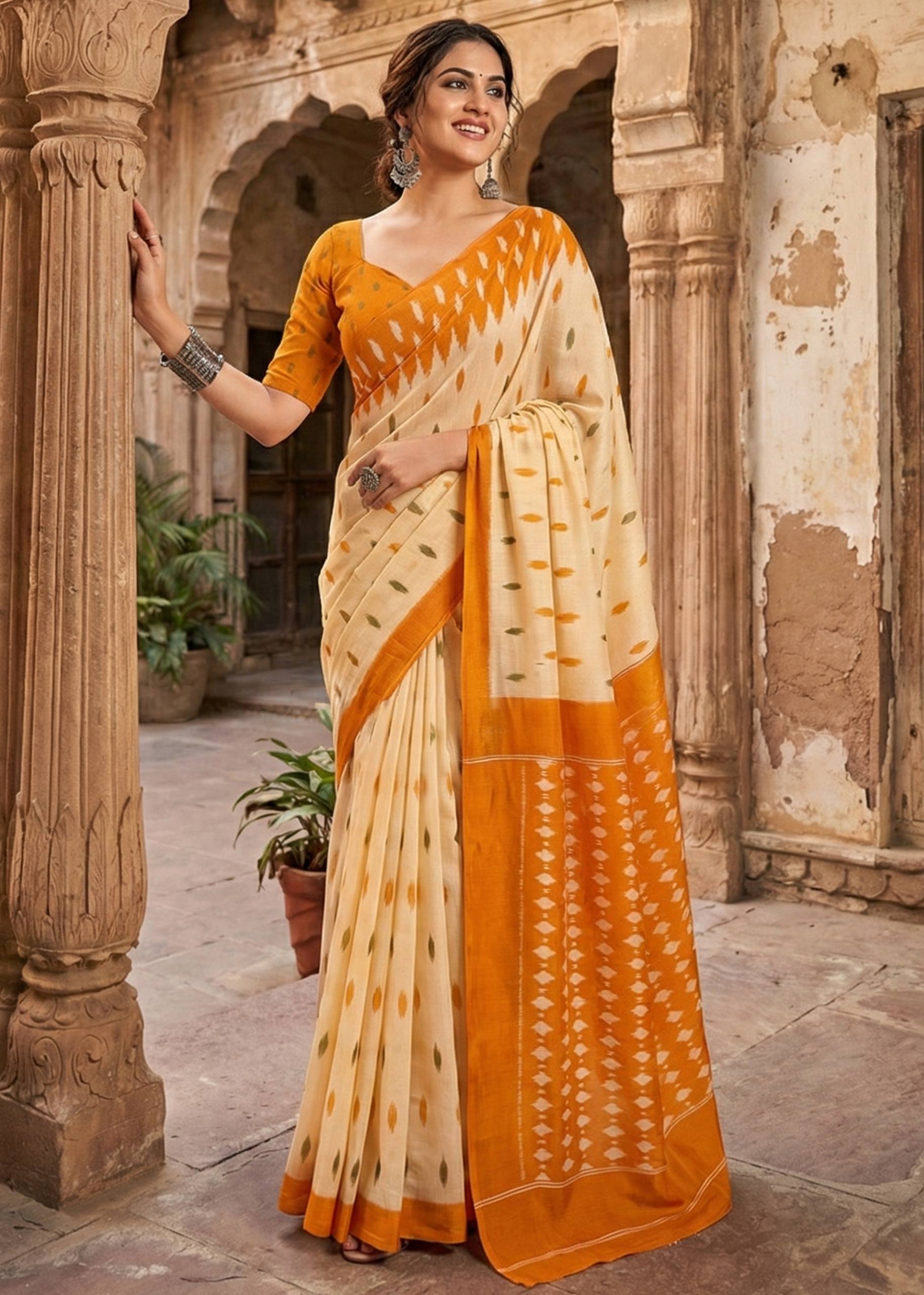 PURE SOFT COTTON HAND BAGRU PRINT YELLOW SAREE WITH BLOUSE