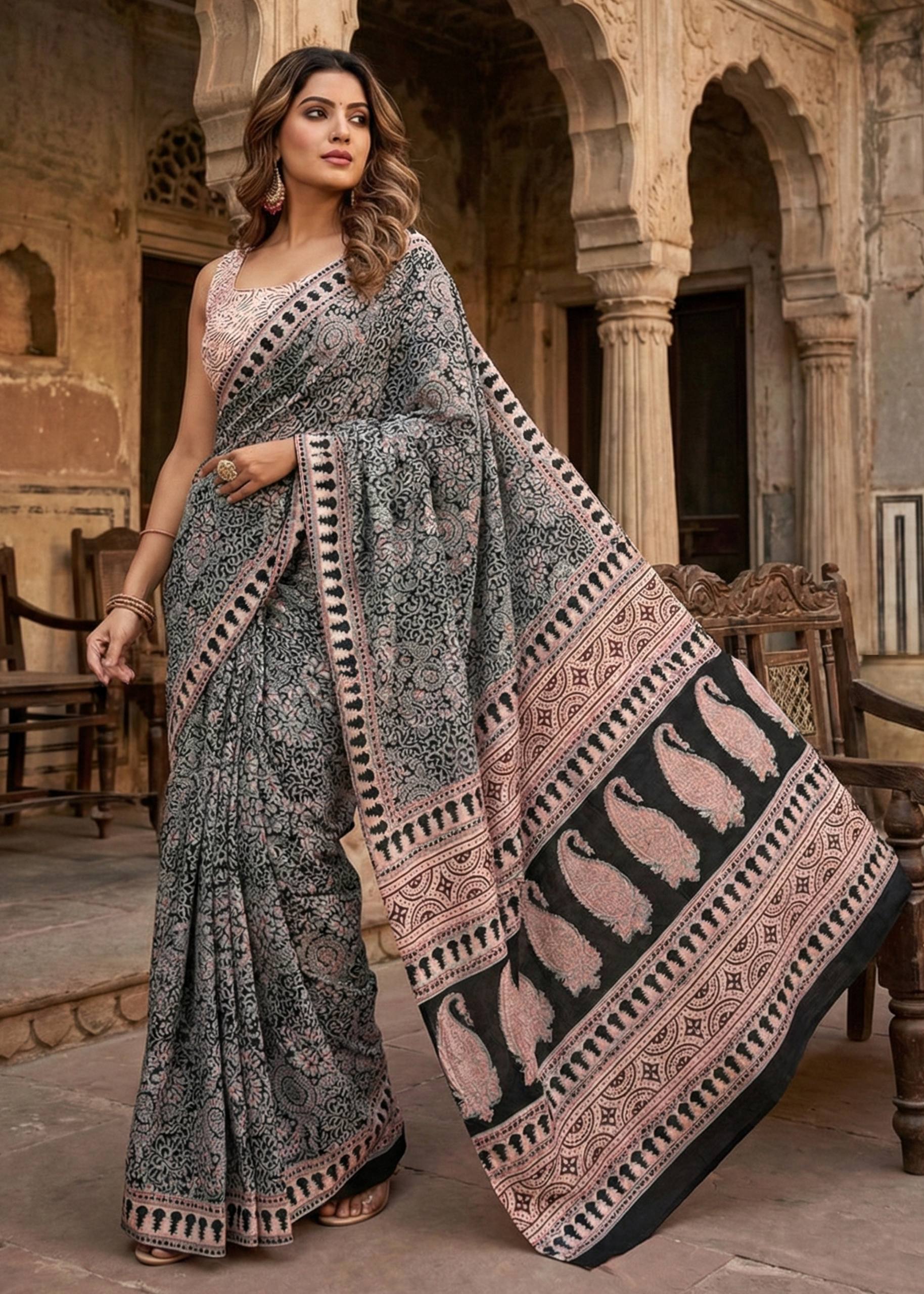 PURE SOFT COTTON HAND BAGRU PRINT BLACK SAREE WITH BLOUSE