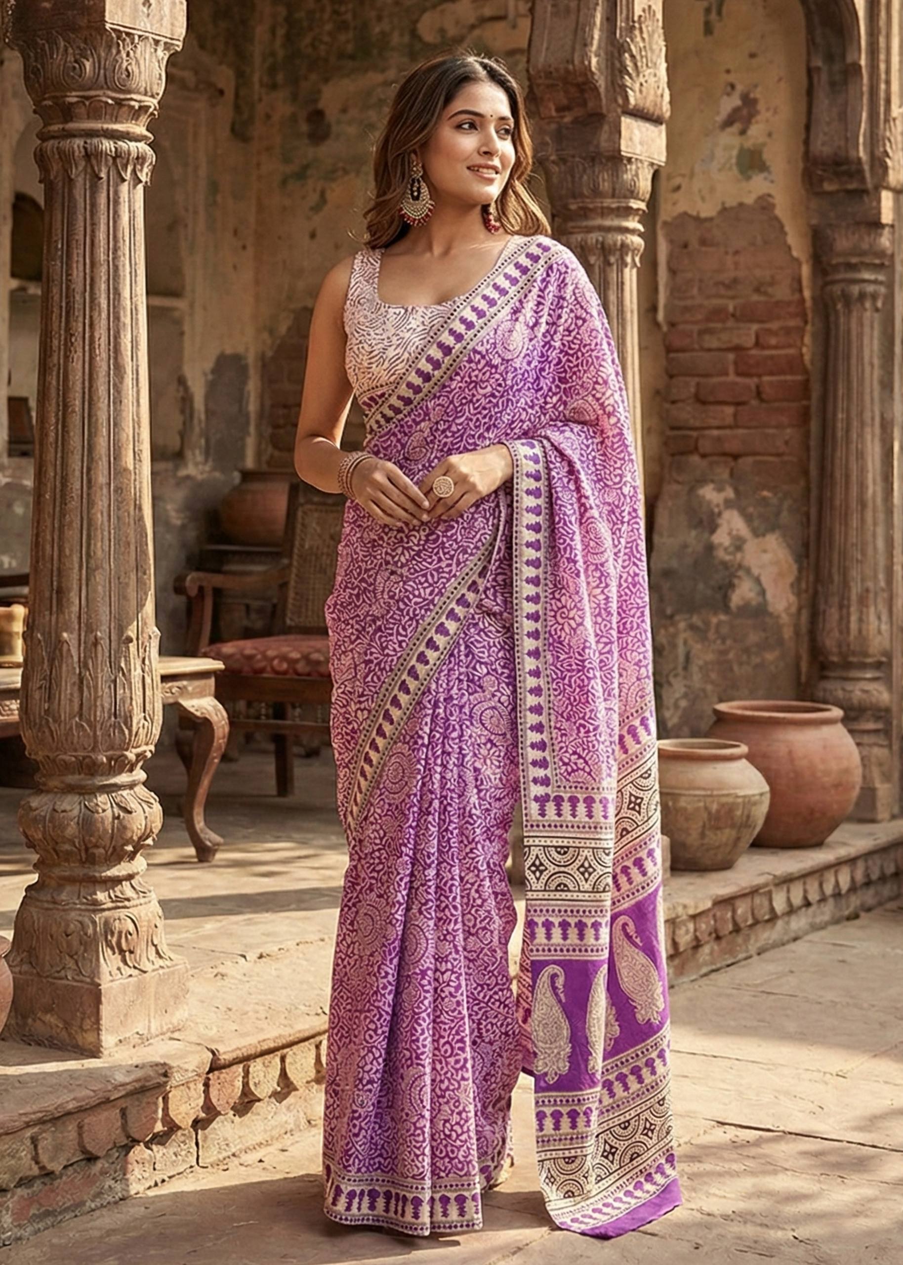 PURE SOFT COTTON HAND BAGRU PRINT PURPLE SAREE WITH BLOUSE
