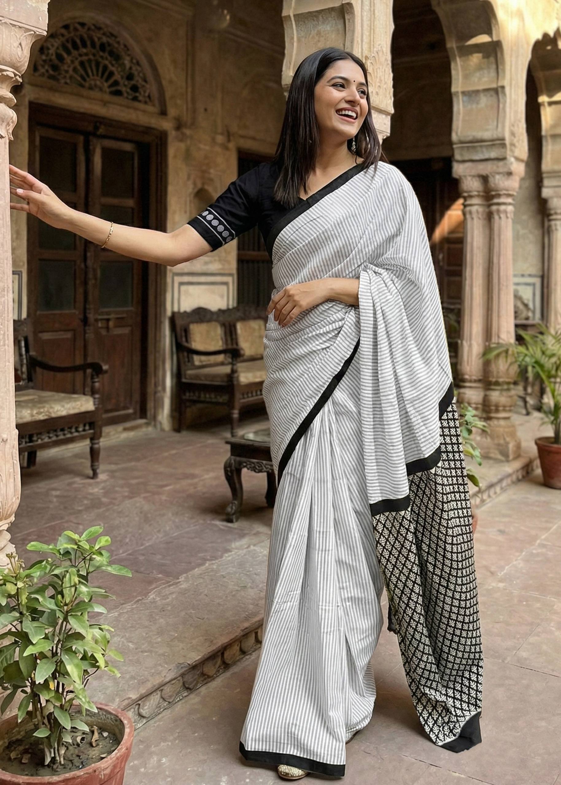 PURE SOFT COTTON HAND BAGRU PRINT WHITE AND BLACK SAREE WITH BLOUSE