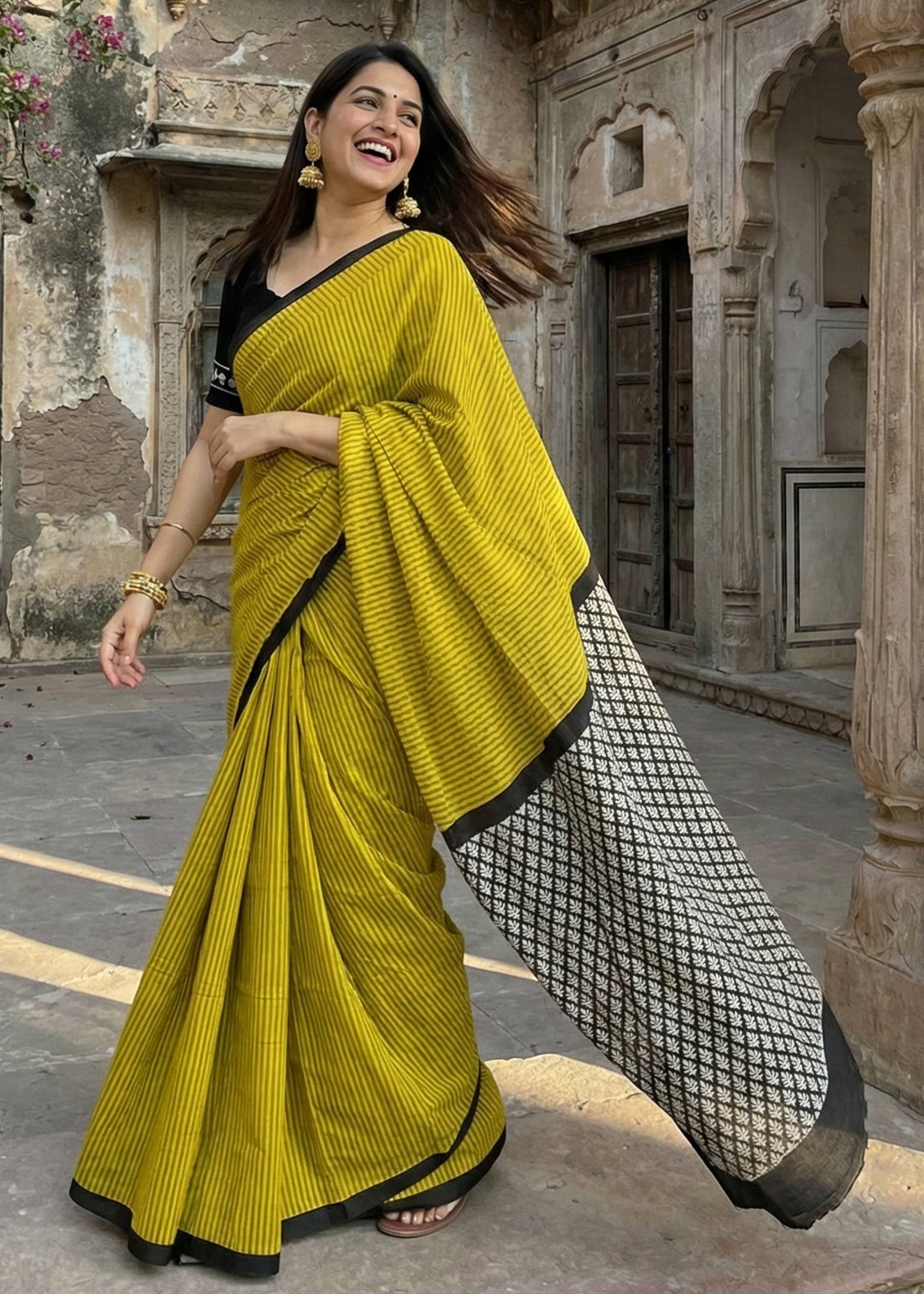 PURE SOFT COTTON HAND BAGRU PRINT YELLOW SAREE WITH BLOUSE