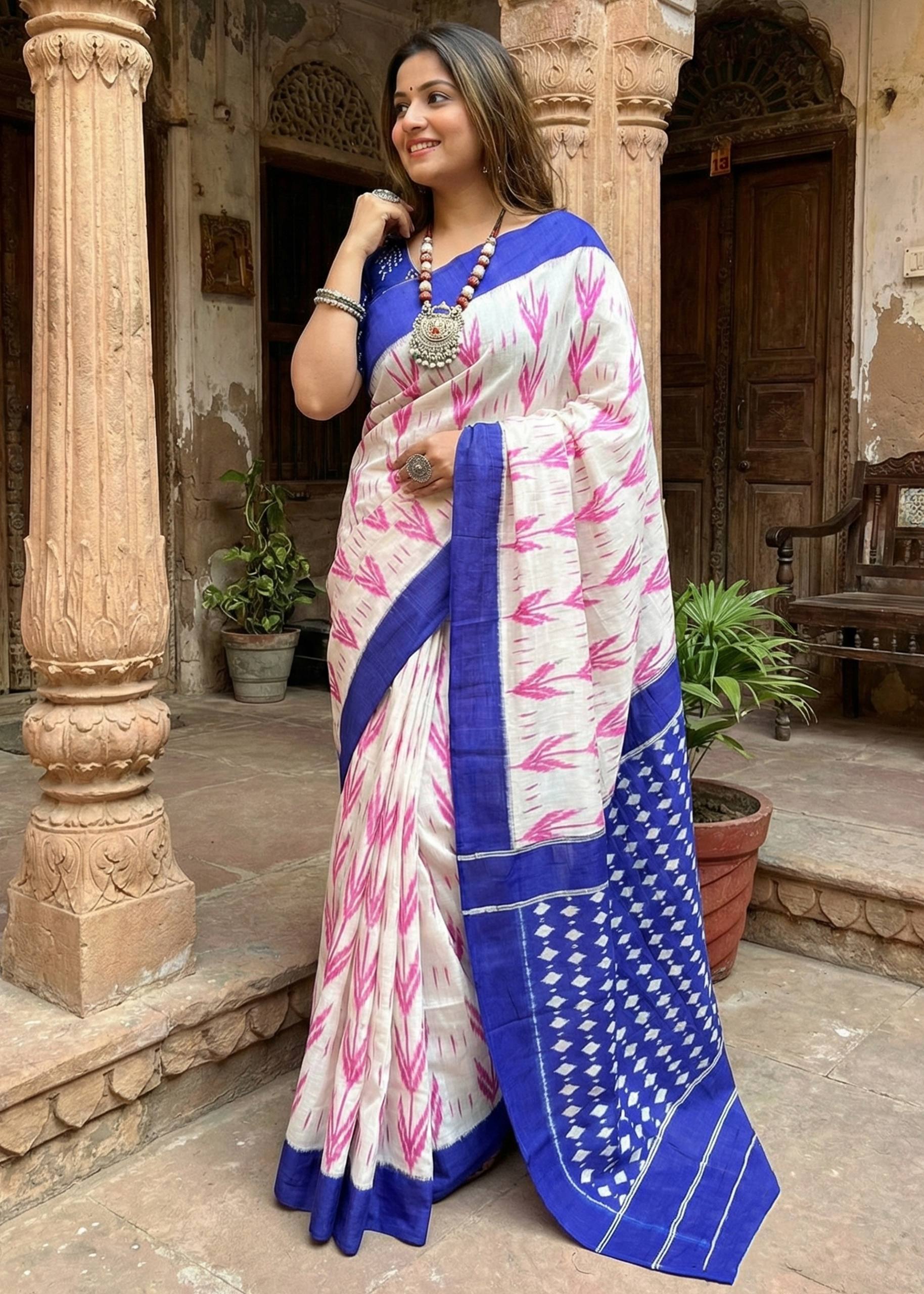 PURE SOFT COTTON HAND BAGRU PRINT WHITE AND BLUE SAREE WITH BLOUSE