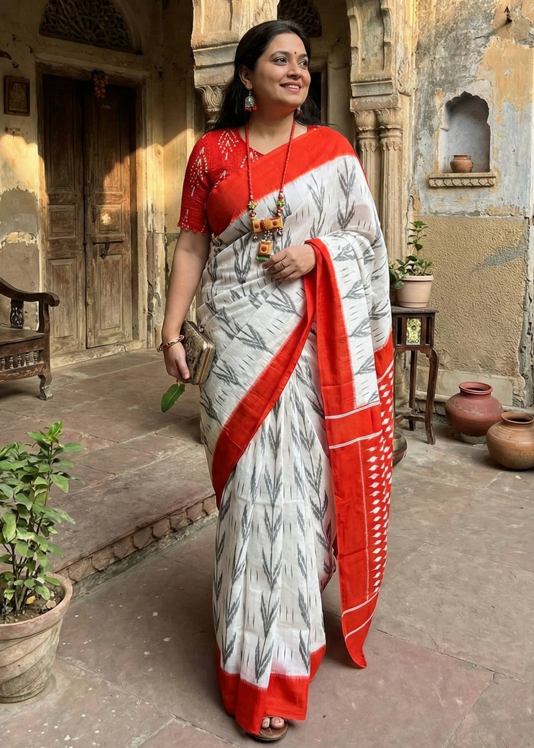 PURE SOFT COTTON HAND BAGRU PRINT ORANGE SAREE WITH BLOUSE