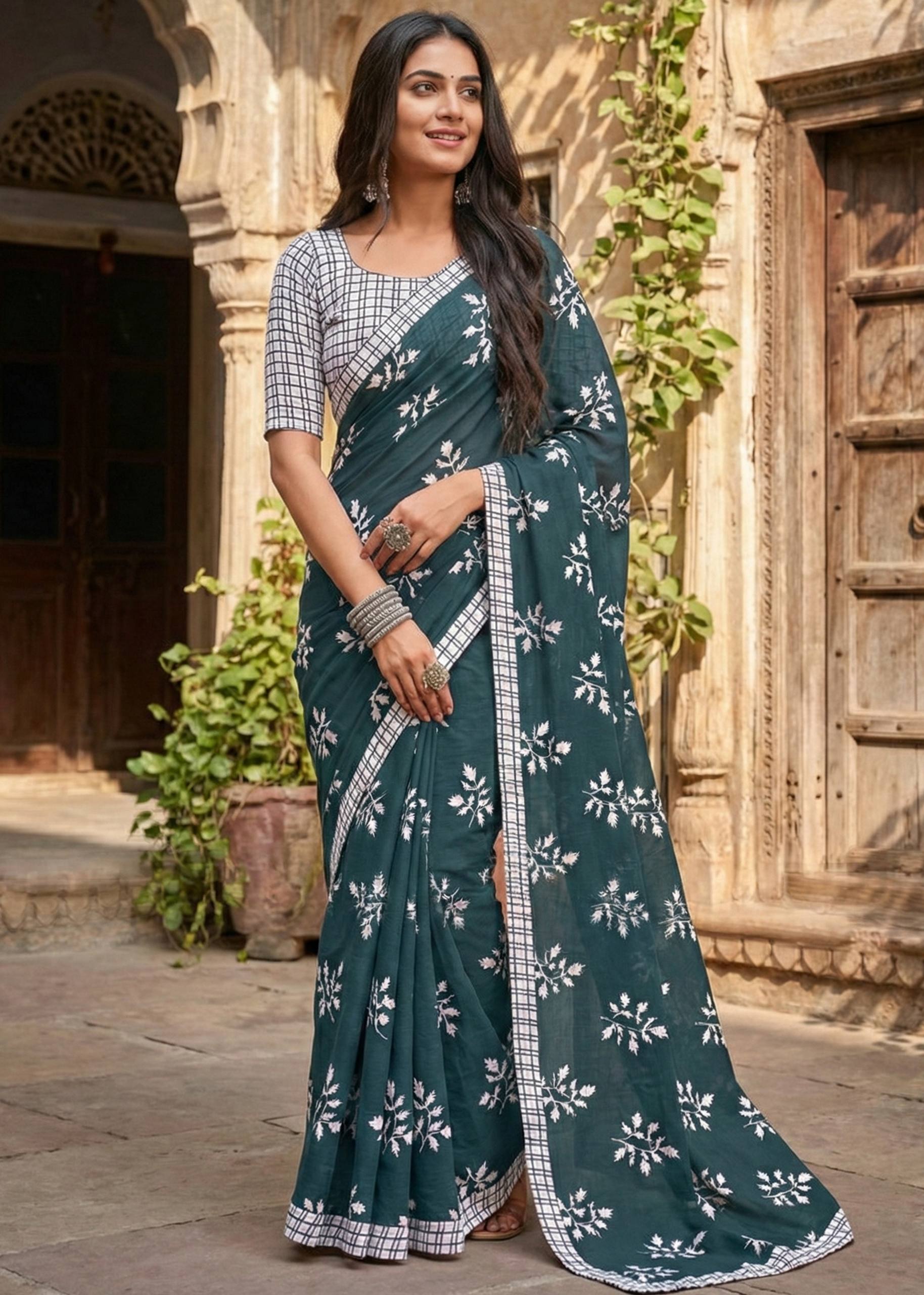 PURE SOFT COTTON HAND BAGRU PRINT TEAL SAREE WITH BLOUSE
