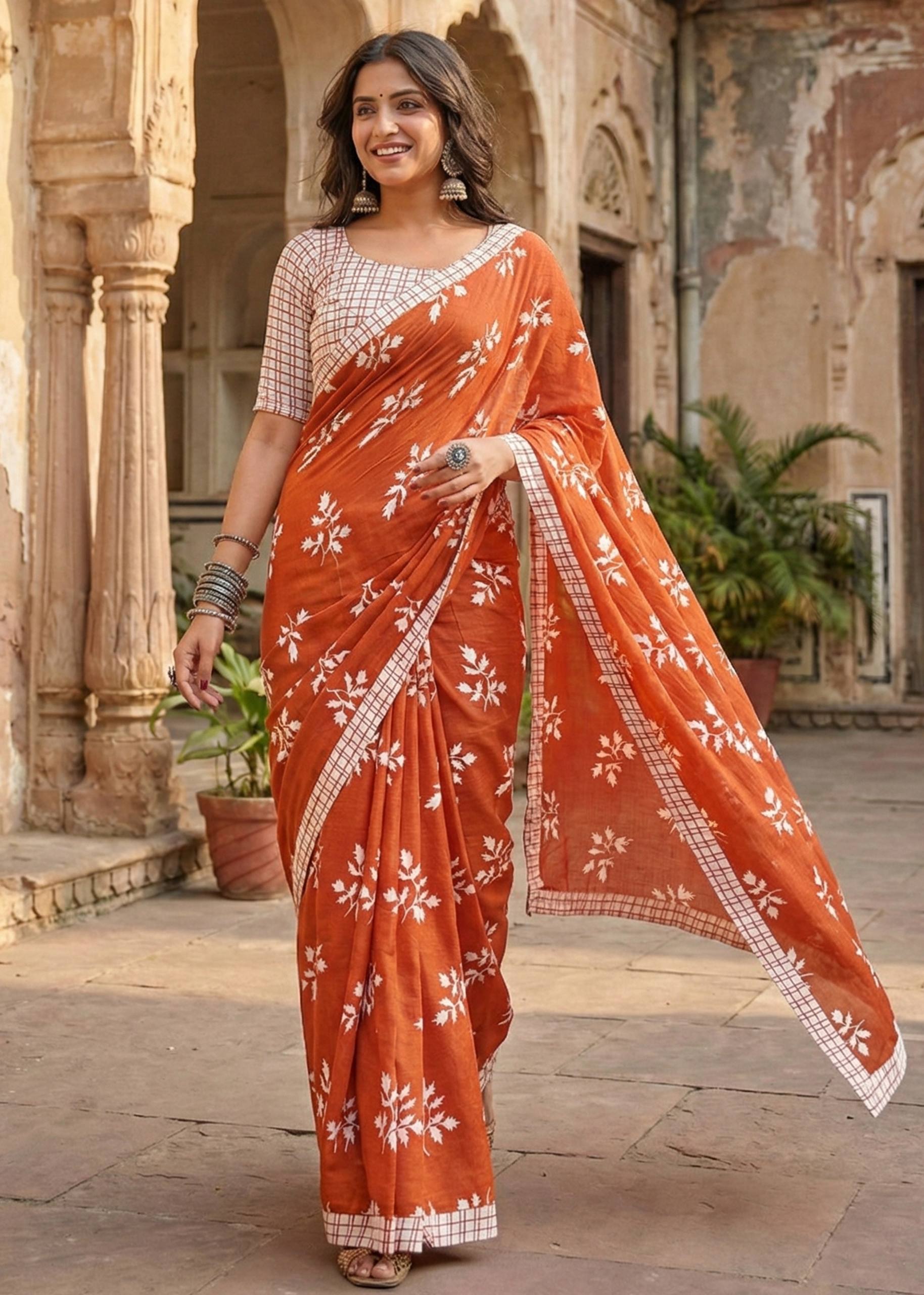 PURE SOFT COTTON HAND BAGRU PRINT ORANGE SAREE WITH BLOUSE