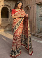 KALAMKARI PURE MULMUL COTTON RED SAREE WITH BLOUSE