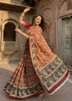 KALAMKARI PURE MULMUL COTTON RED SAREE WITH BLOUSE