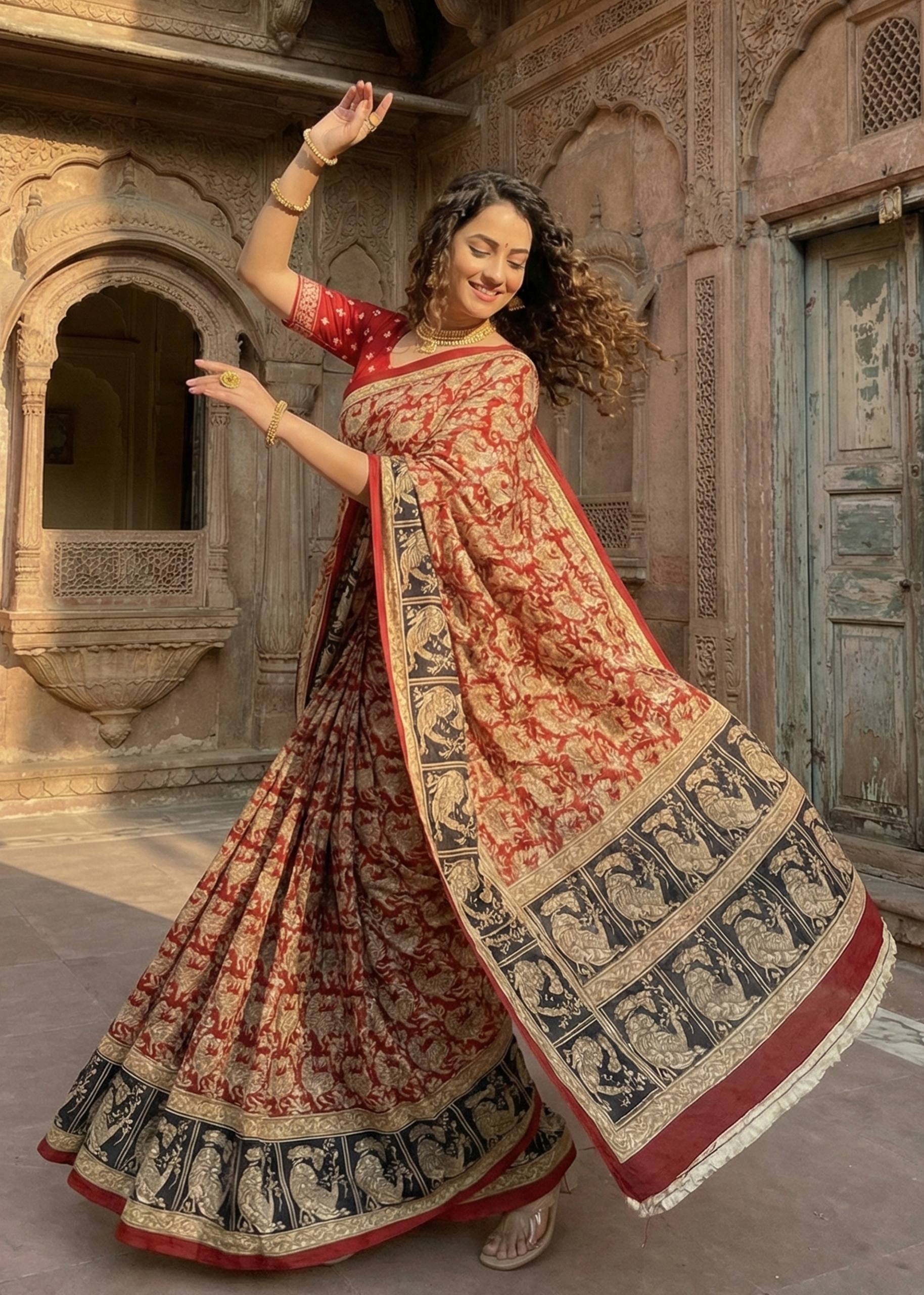 KALAMKARI PURE MULMUL COTTON RED SAREE WITH BLOUSE