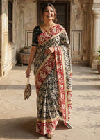 KALAMKARI PURE MULMUL COTTON BLACK SAREE WITH BLOUSE